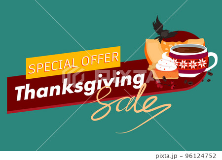 Happy Thanksgiving holiday vector design template for websites, posters, banners. Happy Thanksgiving with traditional food, turkey, pies, pumpkins and fruits. Vector website template 96124752