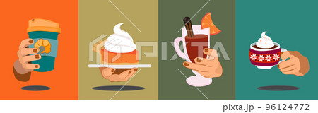 Autumn hot drinks collection. Hot chocolate, pumpkin spice coffee, cocoa with whipped cream and marshmallows, tea. Autumn holidays banner design. Vector illustration Autumn hot drinks collection. Hot chocolate, pumpkin spice coffee, cocoa with whipped cream and marshmallows, tea. Autumn holidays banner design. Vector illustration 96124772
