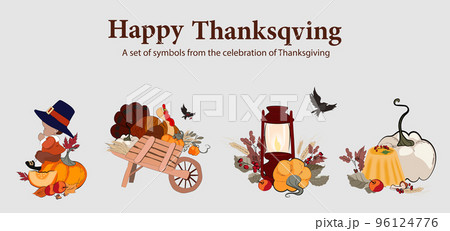 Happy Thanksgiving holiday vector design template for websites, posters, banners. Happy Thanksgiving with traditional food, turkey, pies, pumpkins and fruits. Vector website template 96124776