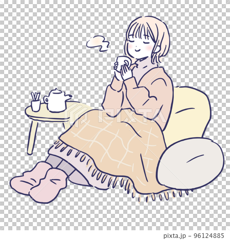 A girl who drinks tea and warms up 96124885