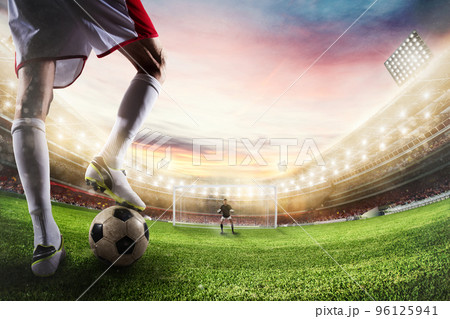 Soccer striker ready to kicks the ball in front of goalkeeper. 3D Rendering Soccer striker ready to kicks the ball in front of goalkeeper. 3D Rendering 96125941