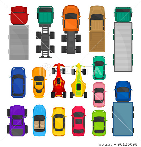 Cars top view set. City reight and personal transport cartoon vector Cars top view set. City reight and personal transport cartoon vector 96126098