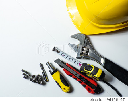 Construction tools, hard hat on white background with copy space 96126167