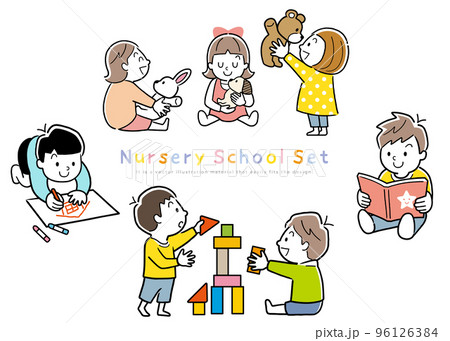 ベクターイラスト素材:友達と遊ぶ小さな子供たち ベクターイラスト素材:友達と遊ぶ小さな子供たち 96126384