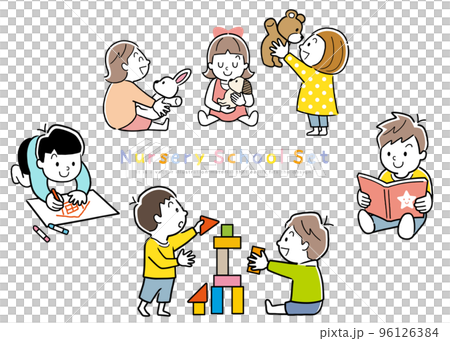 ベクターイラスト素材:友達と遊ぶ小さな子供たち ベクターイラスト素材:友達と遊ぶ小さな子供たち 96126384