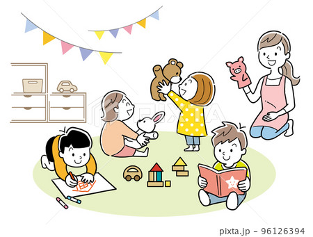 ベクターイラスト素材：幼稚園、保育園で過ごす子供たちと保育士の先生 96126394