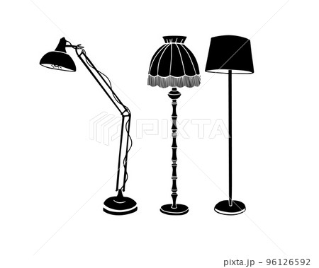 Set Floor lamps black silhouette object on white background. Vintage old lamp. Vector illustration 96126592