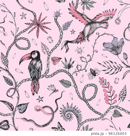 Beautiful trendy seamless pattern with hand drawn chimera animals birds insects and fantasy plants. Stock fashionable textile illustration. 96126803