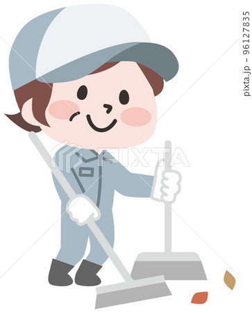 落ち葉を掃除するシニア女性作業員 落ち葉を掃除するシニア女性作業員 96127835