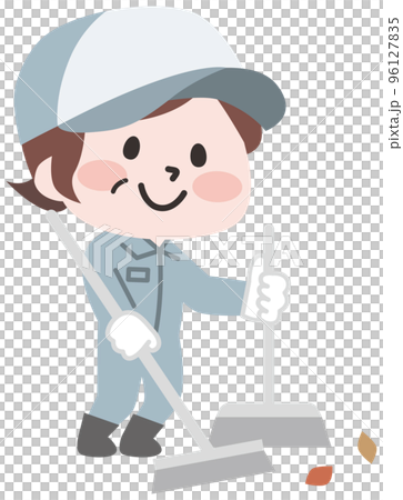 落ち葉を掃除するシニア女性作業員 落ち葉を掃除するシニア女性作業員 96127835