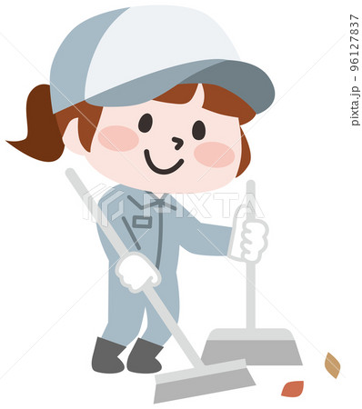 落ち葉を掃除する女性作業員 落ち葉を掃除する女性作業員 96127837