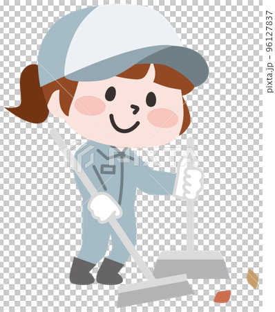 落ち葉を掃除する女性作業員 落ち葉を掃除する女性作業員 96127837