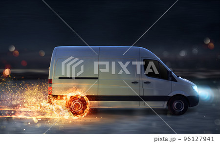 Super fast delivery of package service with van with wheels on fire 96127941