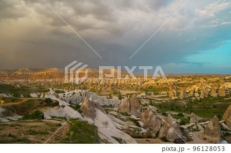 Sunset panoramic view to Goreme city, Cappadocia, Turkey Sunset panoramic view to Goreme city, Cappadocia, Turkey 96128053