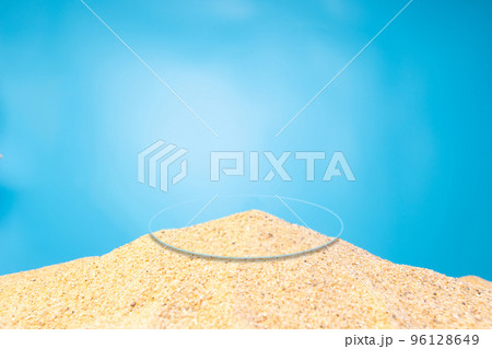 Podium on Sand dune pastel blue background. Concept scene stage showcase, for product, promotion, sale, banner, presentation, cosmetic and fashion. Minimal showcase mock up island tropical concept 96128649