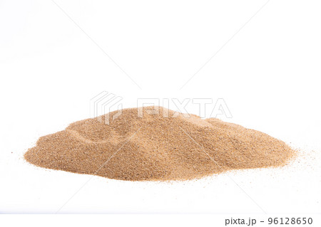 Desert sand pile, dune isolated white background. Gold White fine Sands on Beach island, destination of tropical ocean. Studio shot for detail texture, copy space top view 96128650