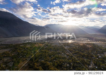 aerial view of Hunder village in Himalayas in the morning, background in Nubra Valley, Ladakh, India. aerial view of Hunder village in Himalayas in the morning, background in Nubra Valley, Ladakh, India. 96129024