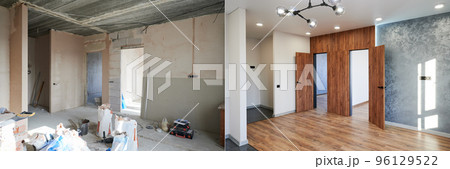 Comparison of old room with building tools and new renovated room. Photo collage of apartment before and after restoration. Concept of home renovation. 96129522
