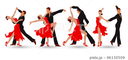 Dancing couples set. Man and woman dancing tango or waltz. Red and black design. Illustration, vector Dancing couples set. Man and woman dancing tango or waltz. Red and black design. Illustration, vector 96130509