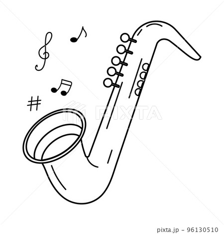 Saxophone and notes, musical instruments, line art. Sketch, icon, vector Saxophone and notes, musical instruments, line art. Sketch, icon, vector 96130510