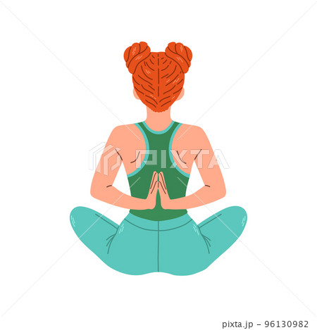 Young woman sitting in yoga lotus pose view from back. Meditating girl illustration. Yoga woman, meditation, anti-stress 96130982