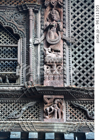 Wooden carvings on a Hindu temple in Kathmandu, Nepal. Now destroyed by the powerful earthquake that hit Nepal Wooden carvings on a Hindu temple in Kathmandu, Nepal. Now destroyed by the powerful earthquake that hit Nepal 96131305