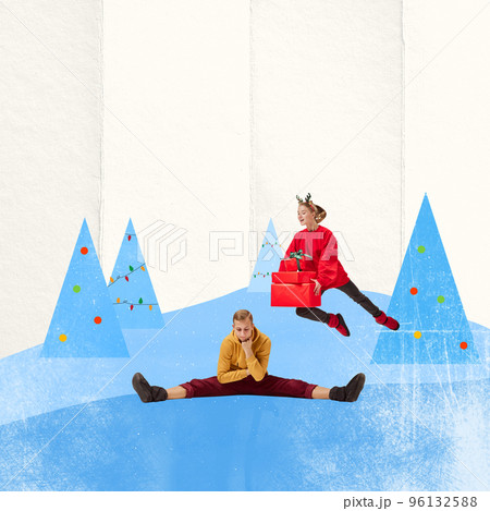 Contemporary art collage. Young man sitting in sadness. Girl in winter sweater jumping with present boxes. Surprise 96132588