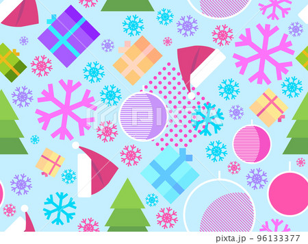Christmas seamless pattern with Christmas balls, snowflakes, 3d gift boxes and Santa hat. Christmas pattern in memphis geometric style. Xmas design for printing and banner. Vector illustration 96133377
