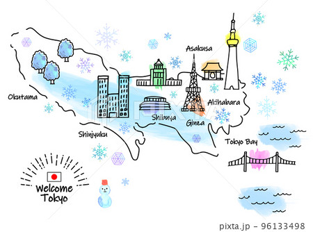 冬の東京の観光地のシンプル線画イラストマップ 96133498