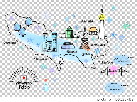 冬の東京の観光地のシンプル線画イラストマップ 96133498