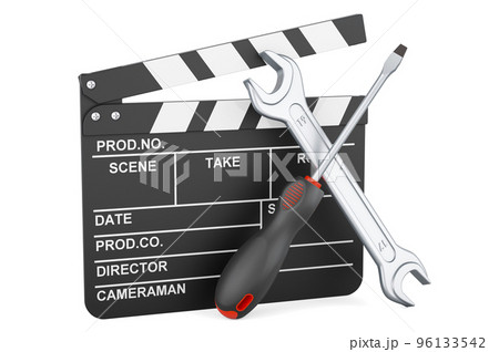 Clapperboard with screwdriver and wrench, 3D rendering 96133542