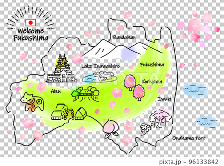 春の福島の観光地のシンプル線画イラストマップ 96133842