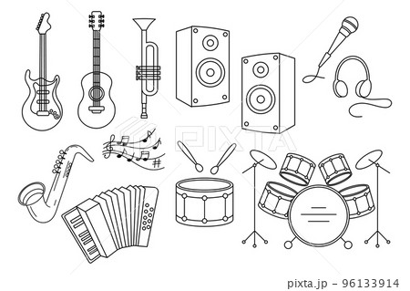 Concert musical instruments, set. Guitars, drums, saxophone, trumpet, microphone, accordion and speakers, line art. Sketch, icons, vector Concert musical instruments, set. Guitars, drums, saxophone, trumpet, microphone, accordion and speakers, line art. Sketch, icons, vector 96133914