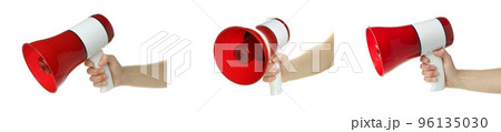 Photo set of megaphone, isolated on white background Photo set of megaphone, isolated on white background 96135030
