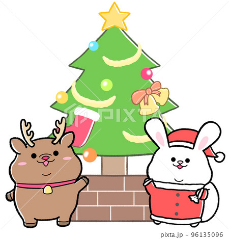 ゆるかわうさぎサンタとクリスマスツリー2のイラスト素材 [96135096