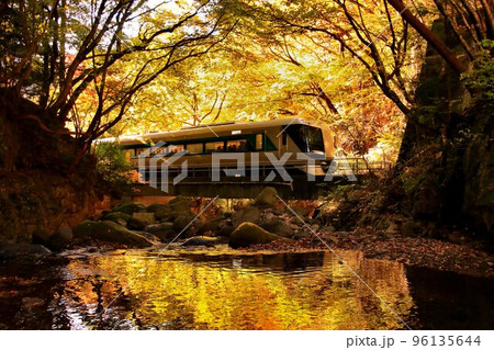 紅葉の渓流を眺めつつ奥鬼怒路を行く…龍王峡駅にて『特急リバティ会津』500系 紅葉の渓流を眺めつつ奥鬼怒路を行く…龍王峡駅にて『特急リバティ会津』500系 96135644
