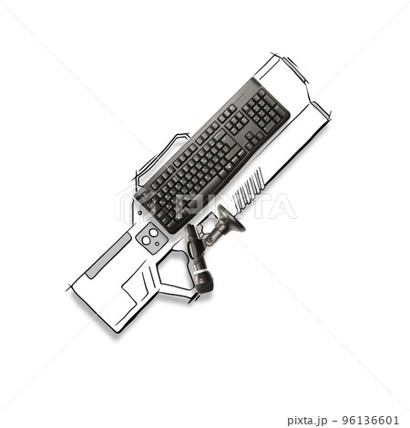 Contemporary art collage. Creative minimal design. Computer keyboard hidden inside gun meaning power of information Contemporary art collage. Creative minimal design. Computer keyboard hidden inside gun meaning power of information 96136601