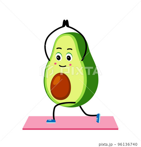 Cute strong avocado character does yoga exercises. Vector illustration concept healthy lifestyle. Cute strong avocado character does yoga exercises. Vector illustration concept healthy lifestyle. 96136740