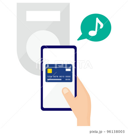 クレジットカードが登録されたスマホをカードリーダーにかざしているイラスト 96138003