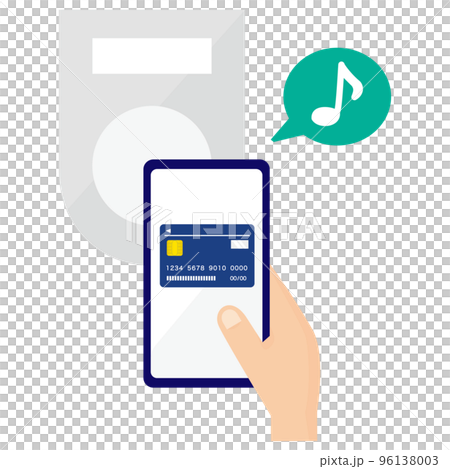 クレジットカードが登録されたスマホをカードリーダーにかざしているイラスト 96138003