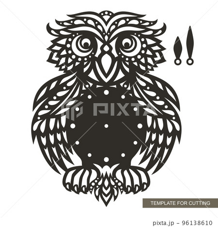 Owl clock. Brown dial bird and two hands isolated on white background. Interior decoration or children's room. Vector template for plotter laser cutting of paper, metal engraving, wood carving, cnc.  96138610