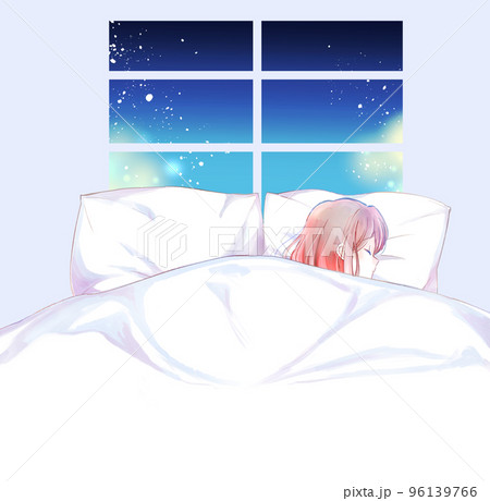 ダブルベッドでひとりで眠る女性 96139766