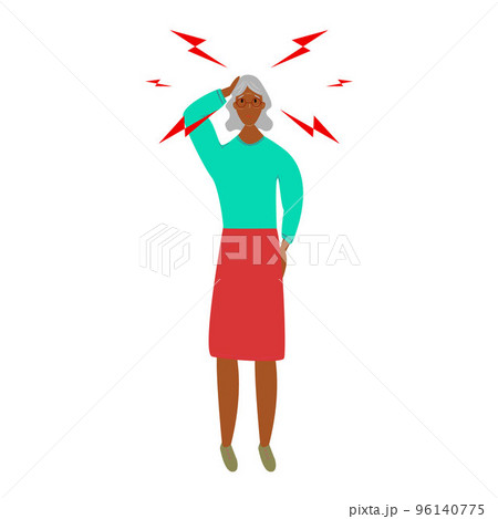 Sad Afro American Senior woman having headache or dizziness. Sick girl touching her head. Girl suffering from fever or influenza.Symptom of common cold, infectious disease. Flat cartoon vector. 96140775