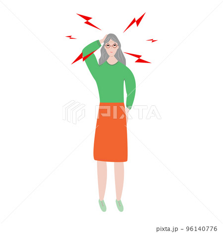 Sad Asian Senior woman having headache or dizziness. Sick girl touching her head. Girl suffering from fever or influenza.Symptom of common cold, infectious disease. Flat cartoon vector. 96140776