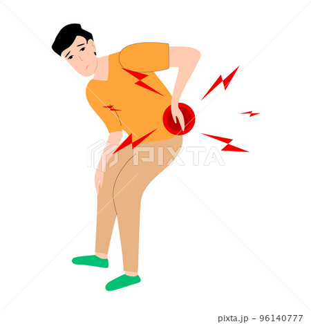 Asian Man has low back pain and sciatica from a herniated disc. Medical diagrams about trapped nerves make patients chronic pain in the back and paralysis. Vector illustration. 96140777