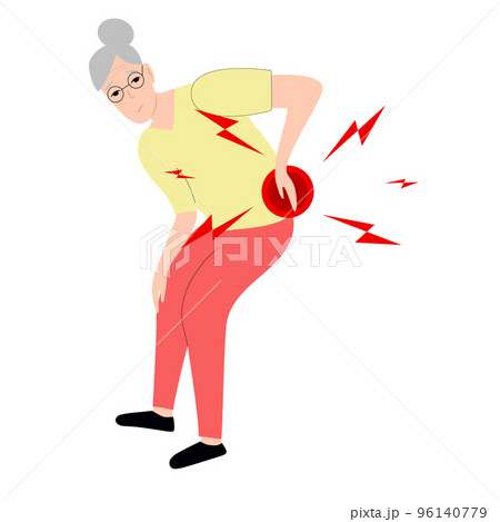 Asian Senior woman has low back pain and sciatica from a herniated disc. Medical diagrams about trapped nerves make patients chronic pain in the back and paralysis. Vector illustration. 96140779