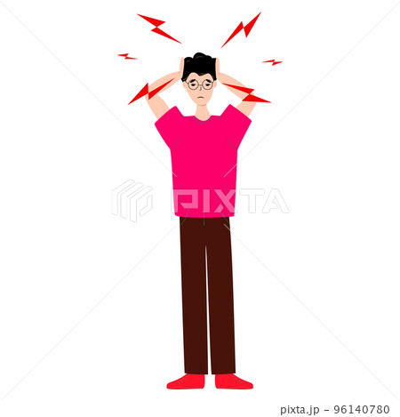 Asian man having headache and migraines. Symptoms of a viral disease.Respiratory Illness, Virus Prevention. Isolated. Vector illustration. 96140780