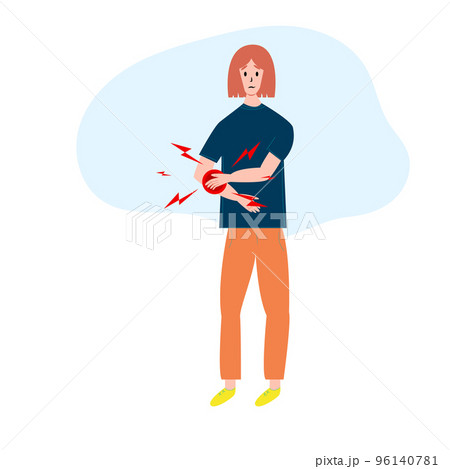 Young woman having arm pain in flat design on white background. Physical injury. Muscle or bone problem. Vector illustration. 96140781