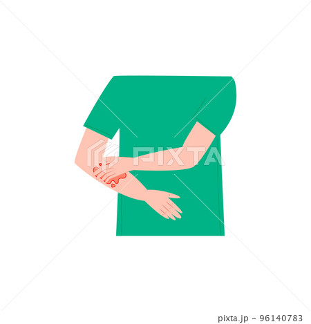 Young man or women scratching arm. Guy suffering from strong allergy skin itchy symptom in flat design. Red rash skin irritation. Vector illustration. 96140783