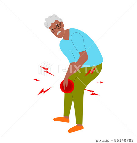 African American Senior man have knee pain, leg pain in flat design on white background. Guy use hand touching on leg and massage to relax his muscle. Vector illustration. 96140785